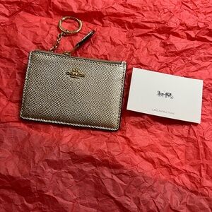 NWOT Coach Metallic Gold Card Holder with Keychain